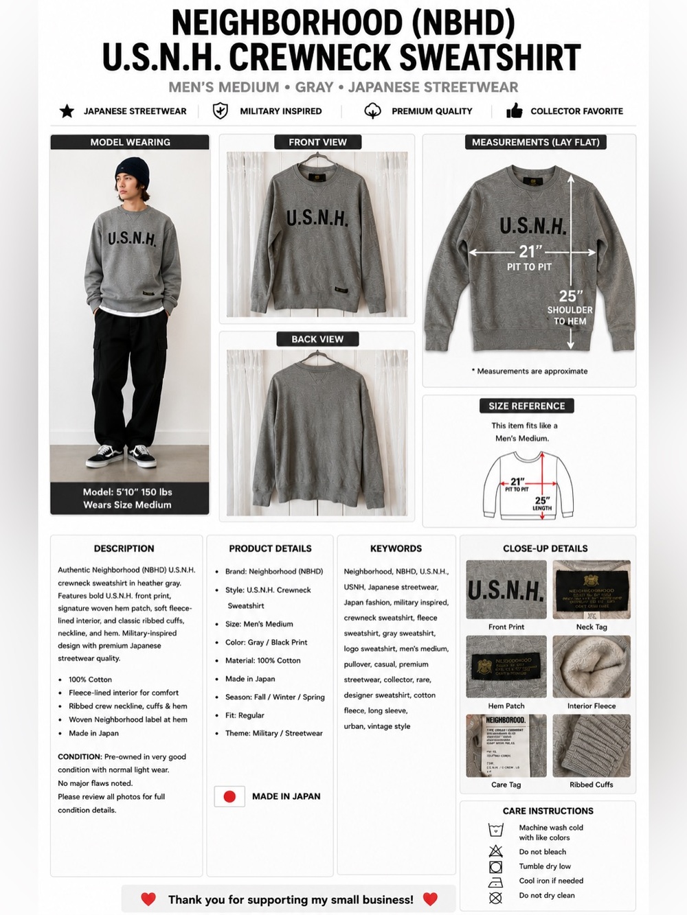 Neighborhood U.S.N.H. Gray Crewneck Sweatshirt Men's Medium Japanese Streetwear